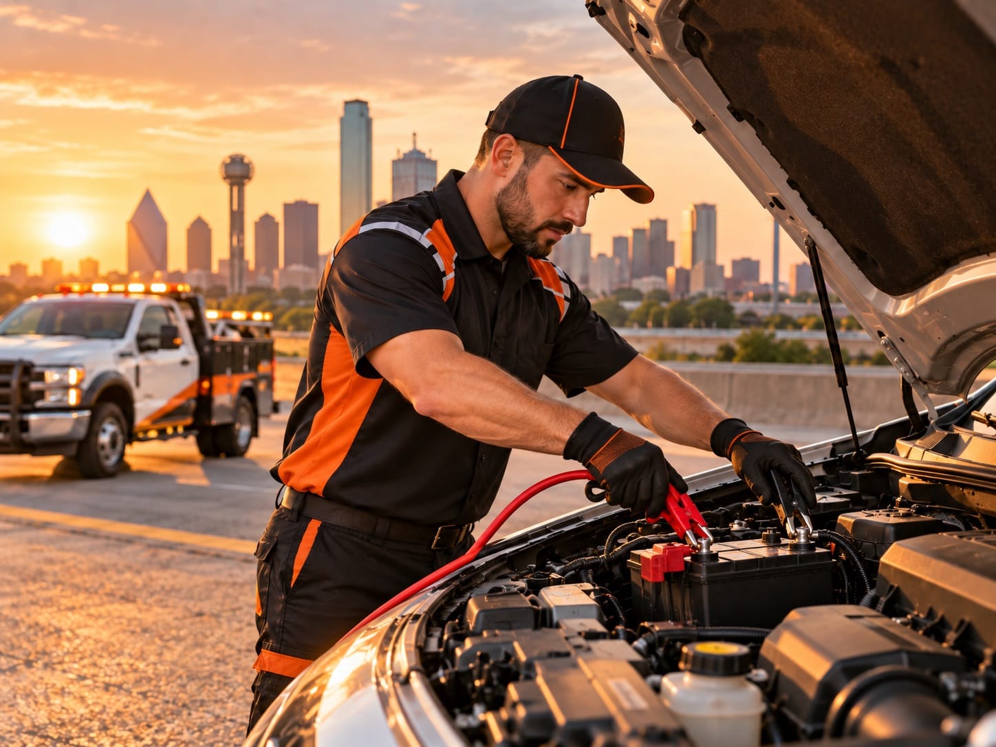 Vanta roadside technician jump-starting a car in front of the Dallas skyline at sunset